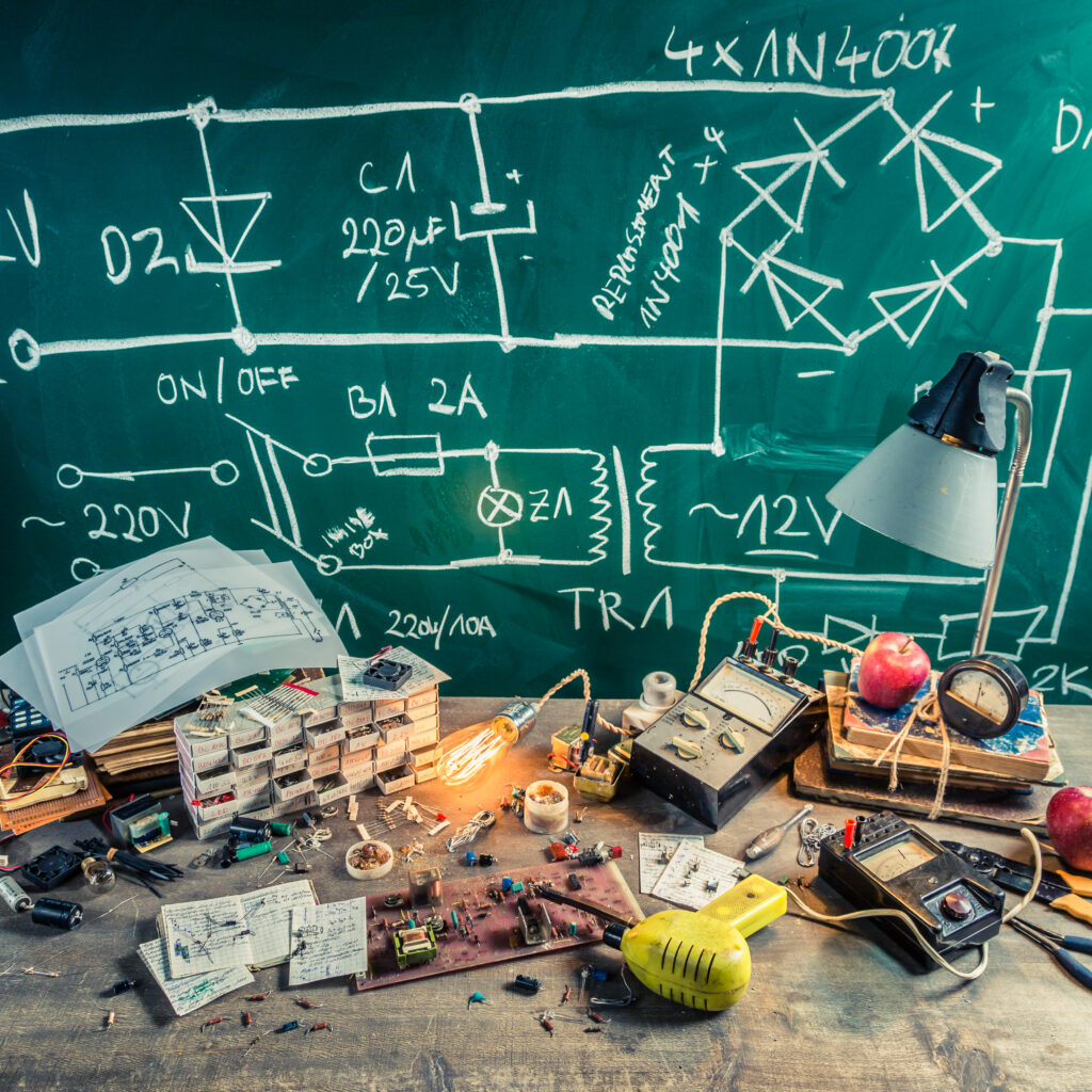 Tafel mit Formeln und unterschiedlichen Materialien, die auf einem Tisch liegen